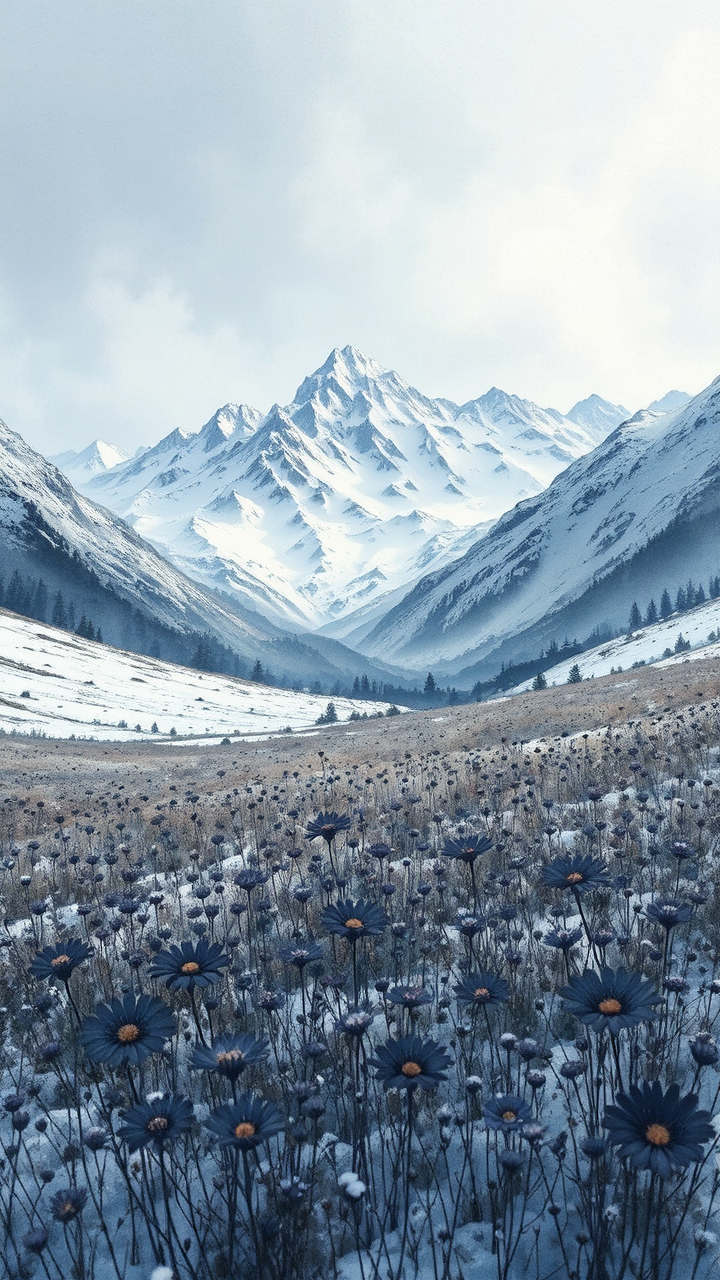 Black flowers in snowy