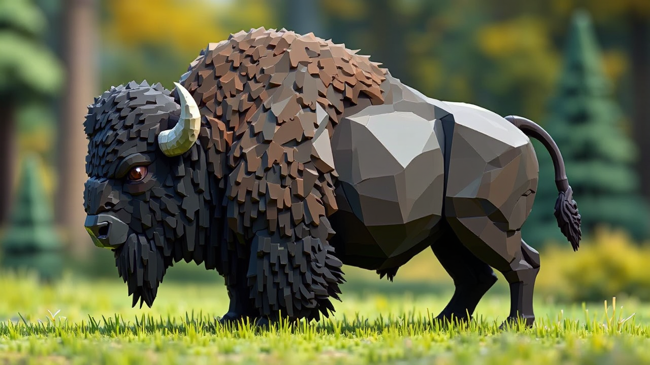 3D pixelated bison figure.