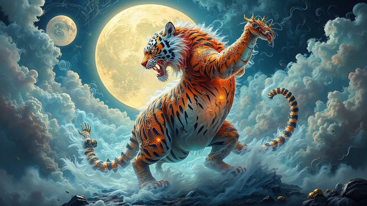 Translucent glowing tiger dancing