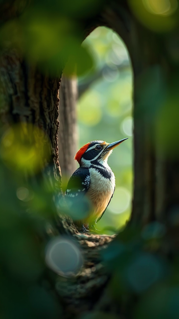 A woodpecker looks out