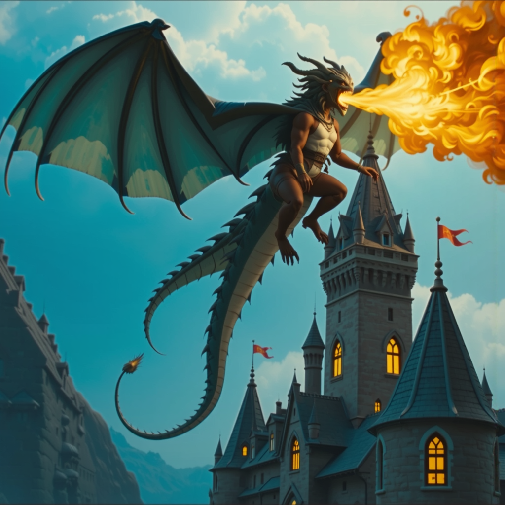 Medieval dragon breathes fire