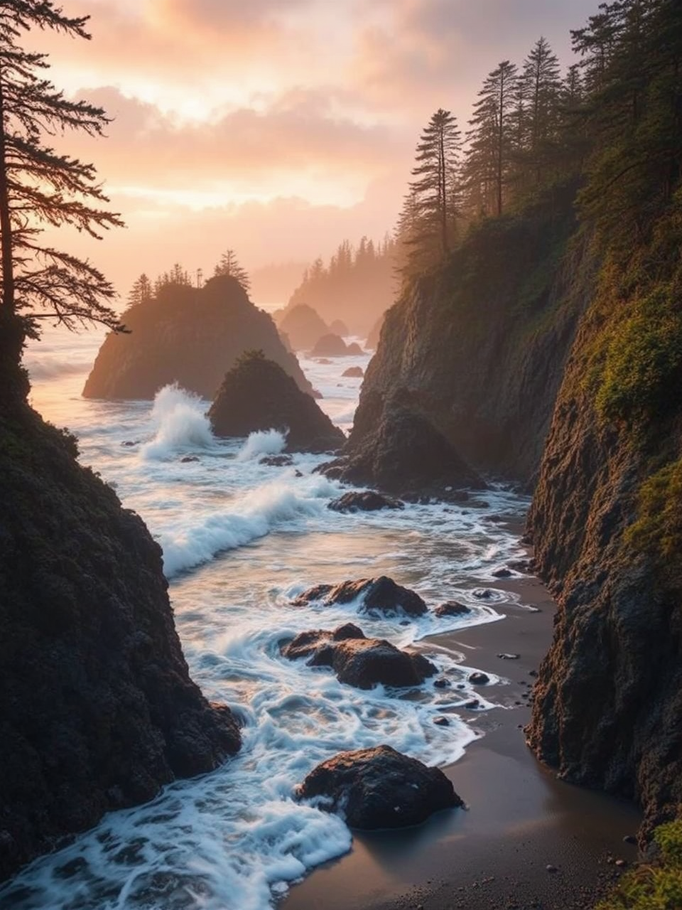 Rocky coastline and towering