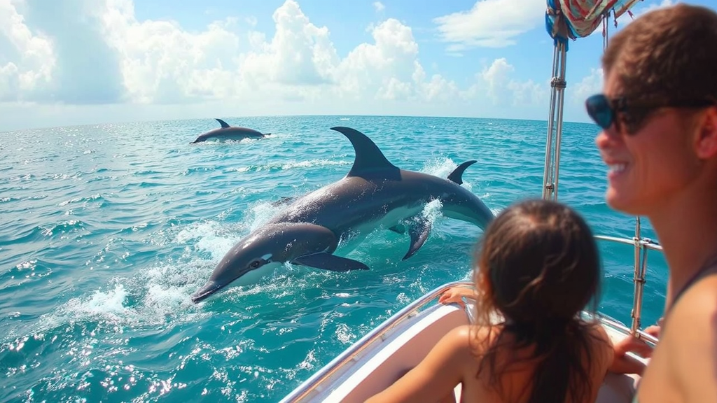 Family sailing with dolphins.