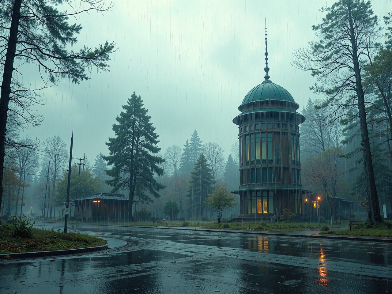 A rainy Pripyat cityscape
