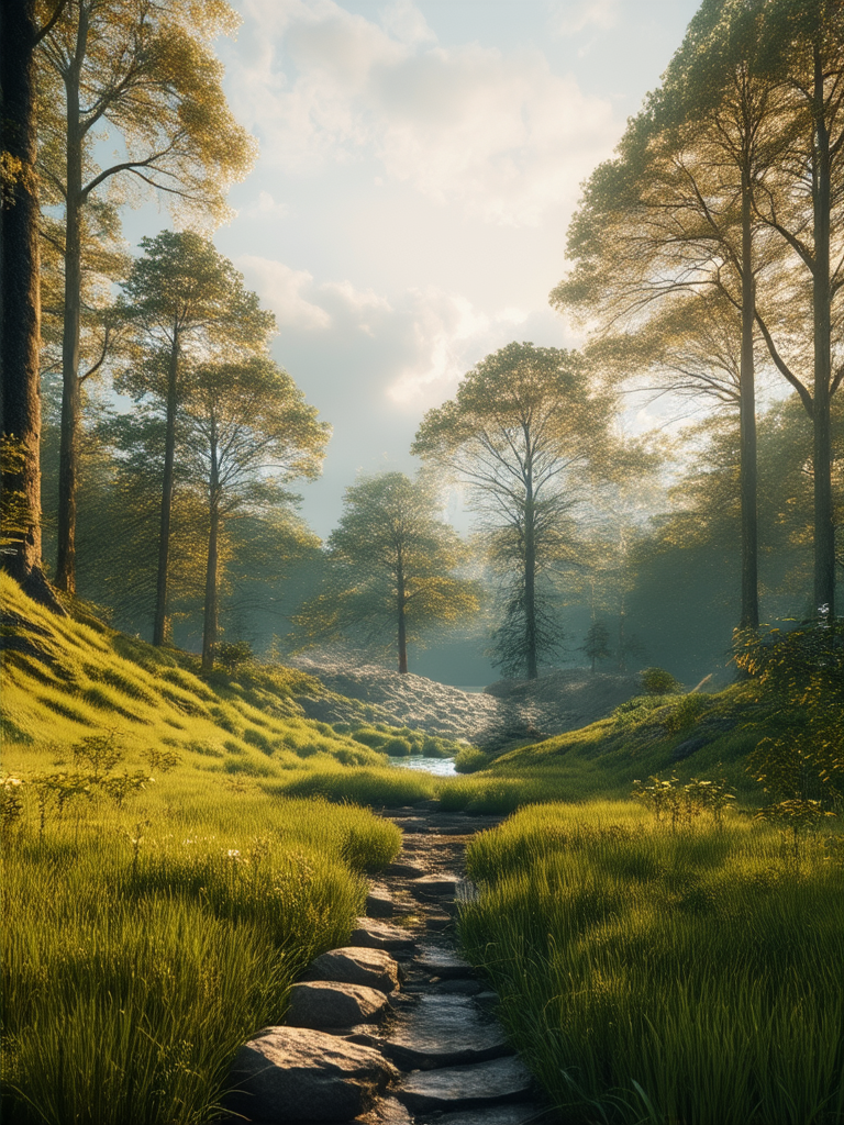 A dreamy, hyper-realistic landscape.