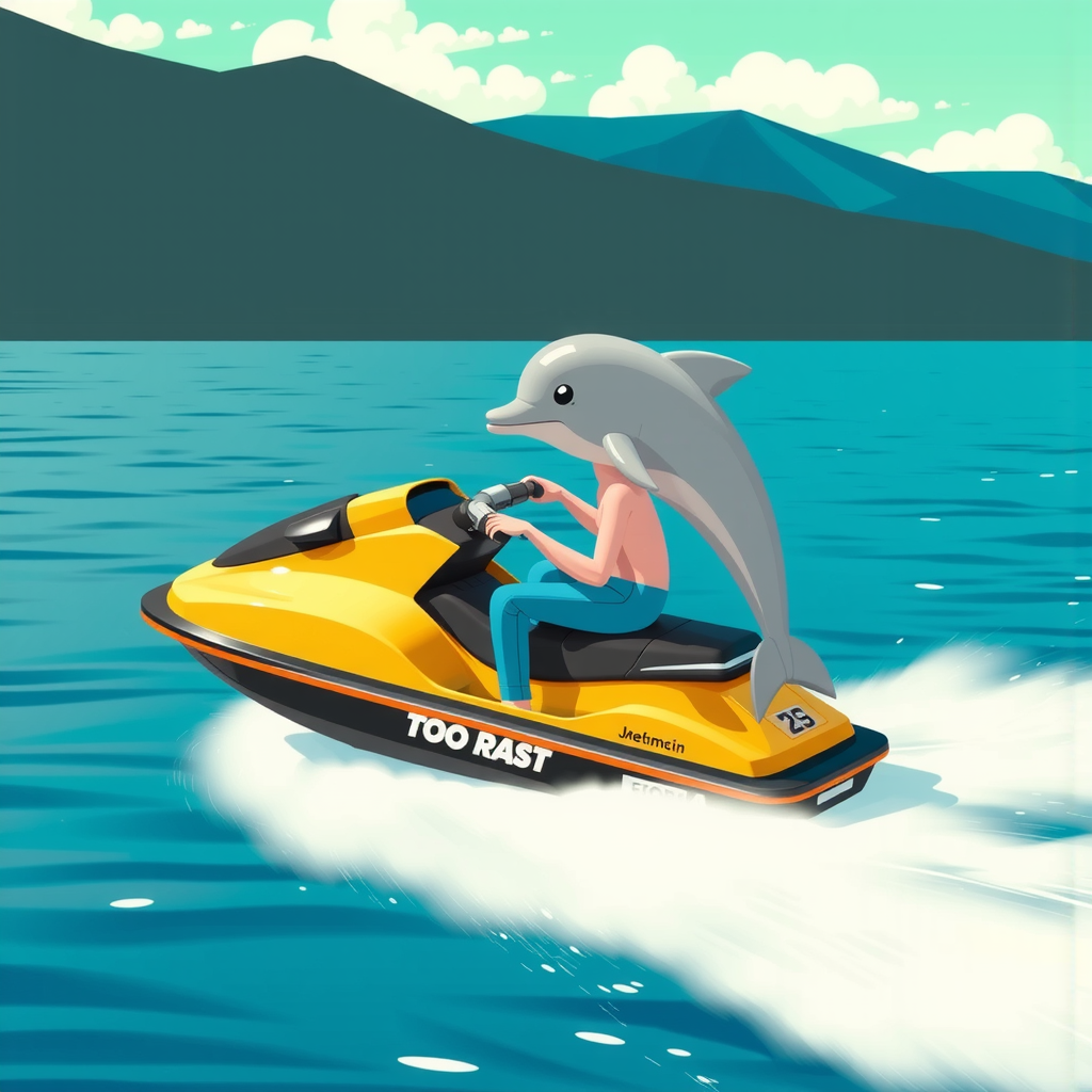 Cartoon man riding dolphin