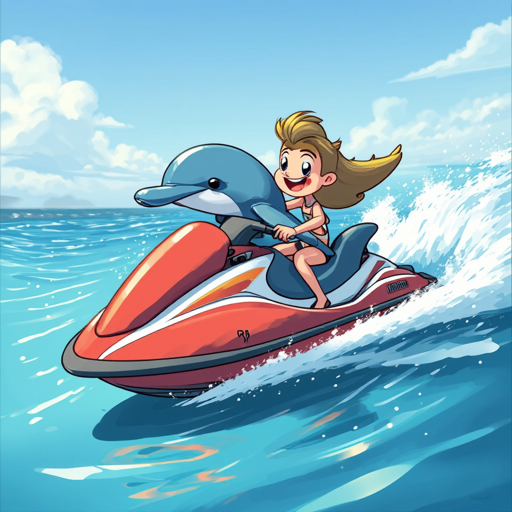 Cartoon man riding dolphin