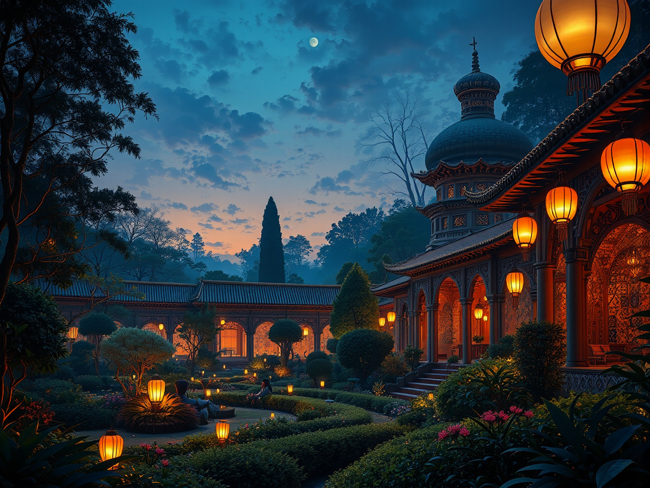 Beautiful garden with glowing