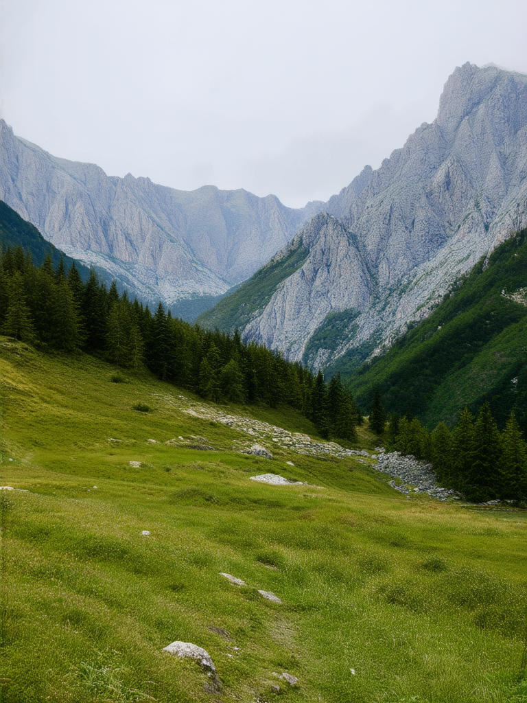 Serene mountainous landscape.