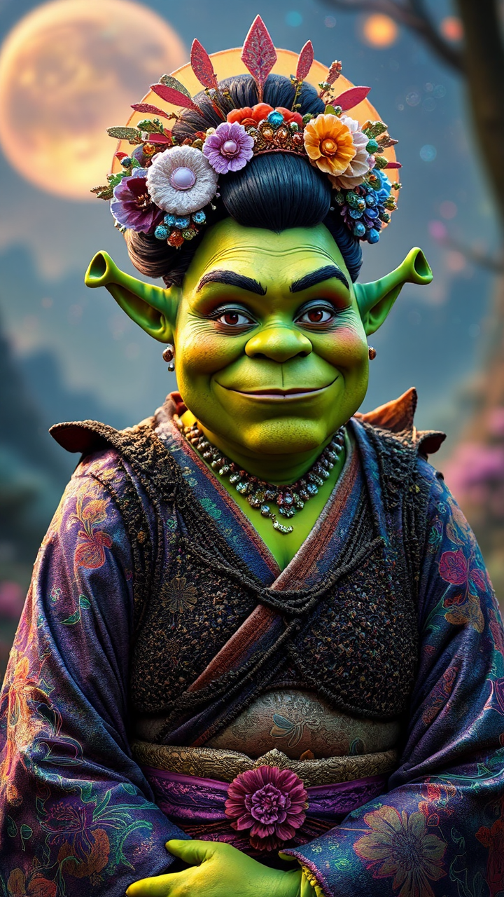 Shrek in geisha costume