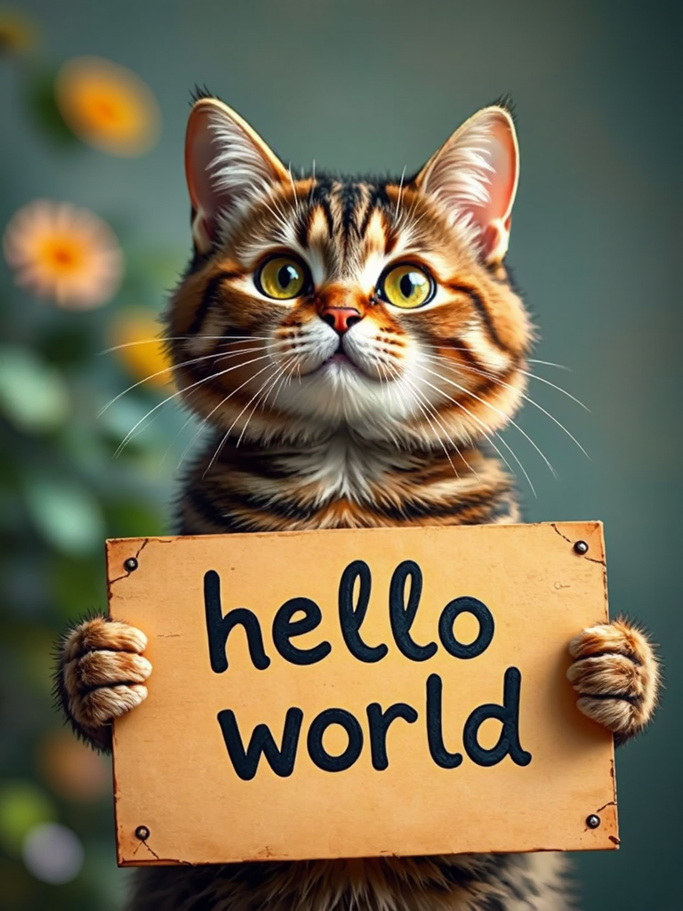 Cat holds a "Hello