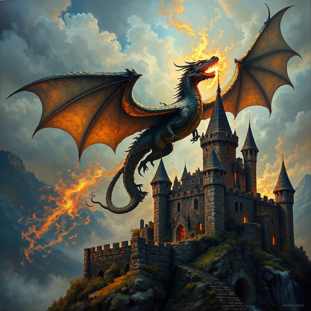 Medieval dragon breathes fire