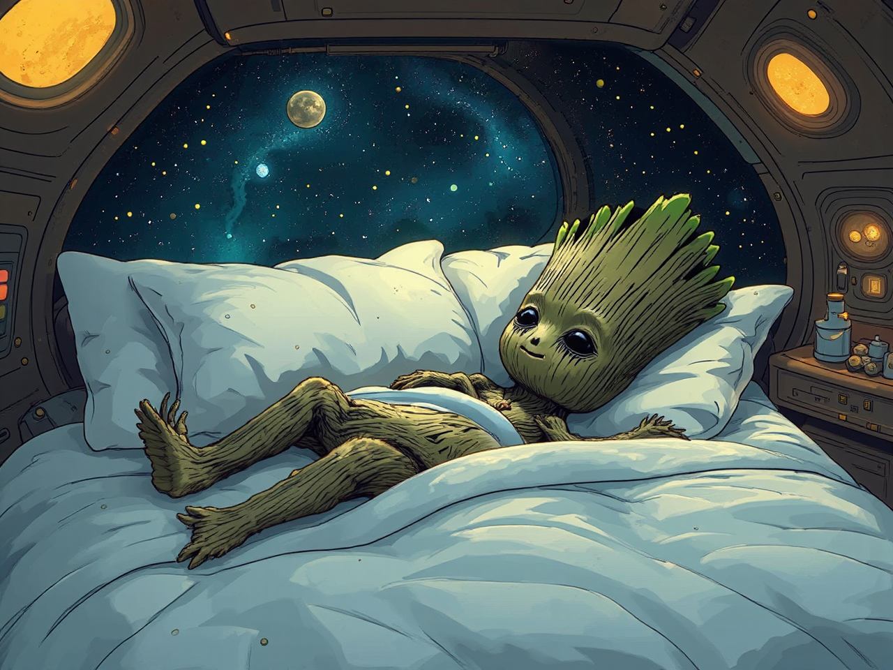 Baby Groot lying flat