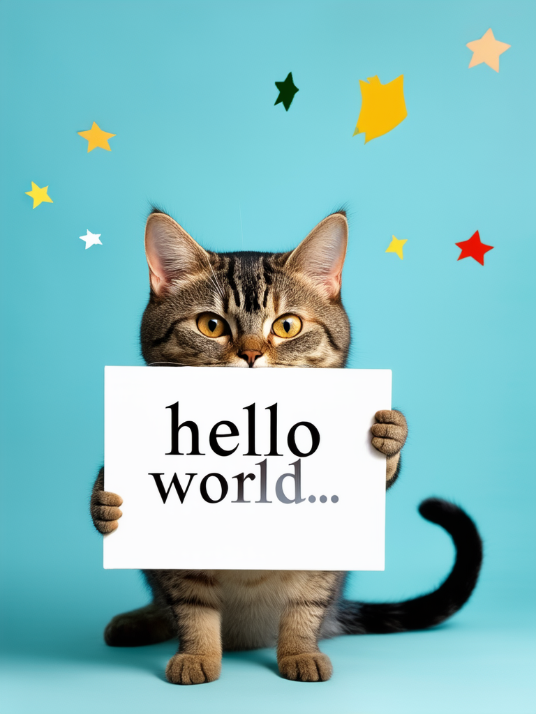 Cat holds a "Hello