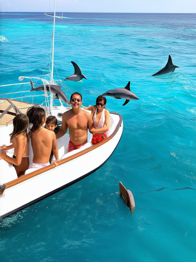 Family sailing with dolphins.
